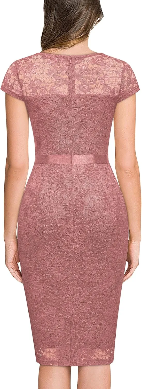 Miusol Women's Retro V Neck Elegant Floral Lace Short Sleeve Cocktail Dress