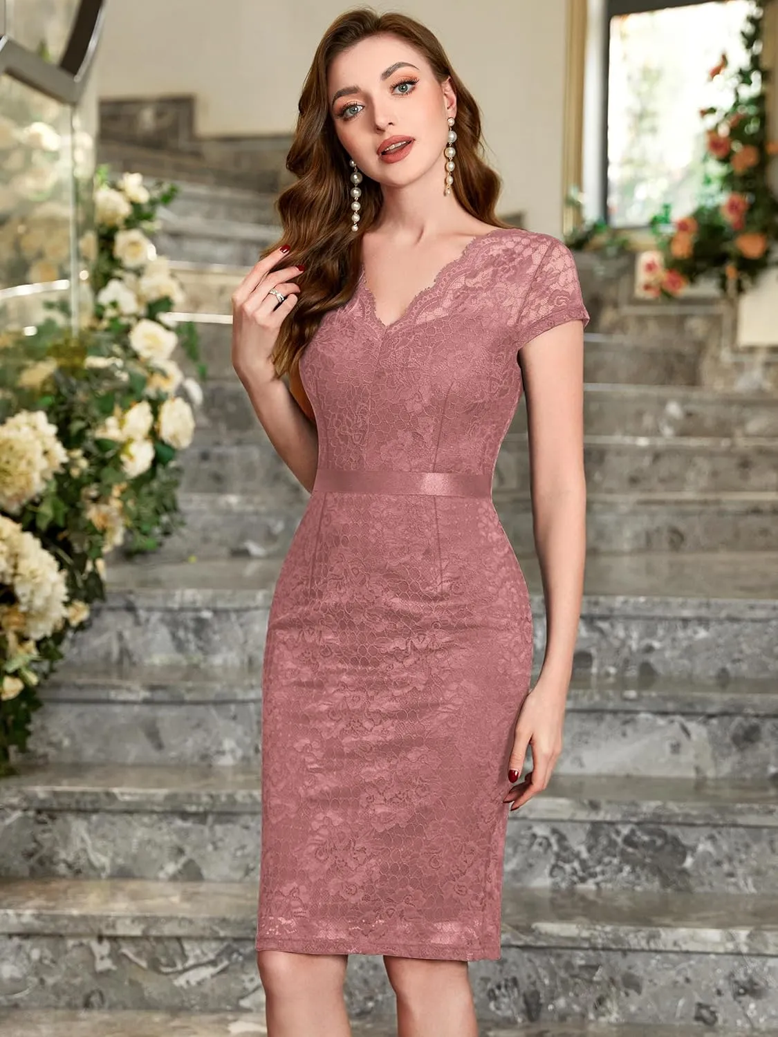 Miusol Women's Retro V Neck Elegant Floral Lace Short Sleeve Cocktail Dress