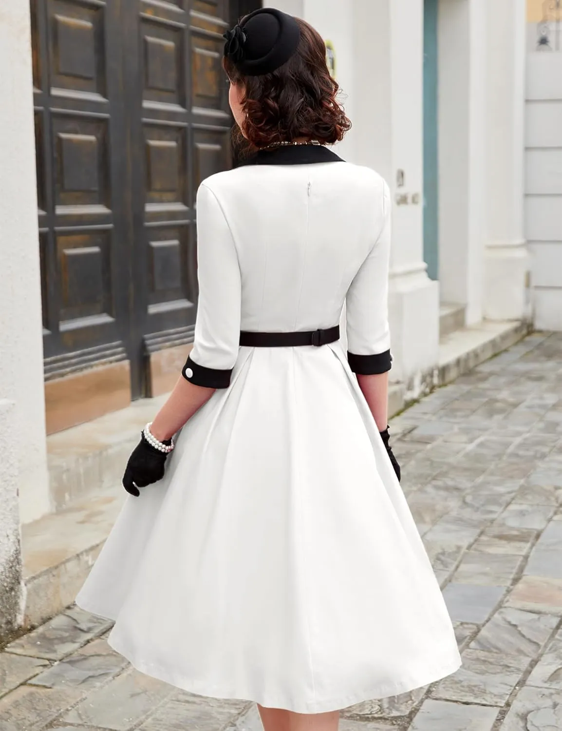 MUXXN Women's 50s Retro Casual Swing Midi Dress 3/4 Sleeve Square A Line Neck Vintage Cocktail Wedding Guest Bodycon Prom