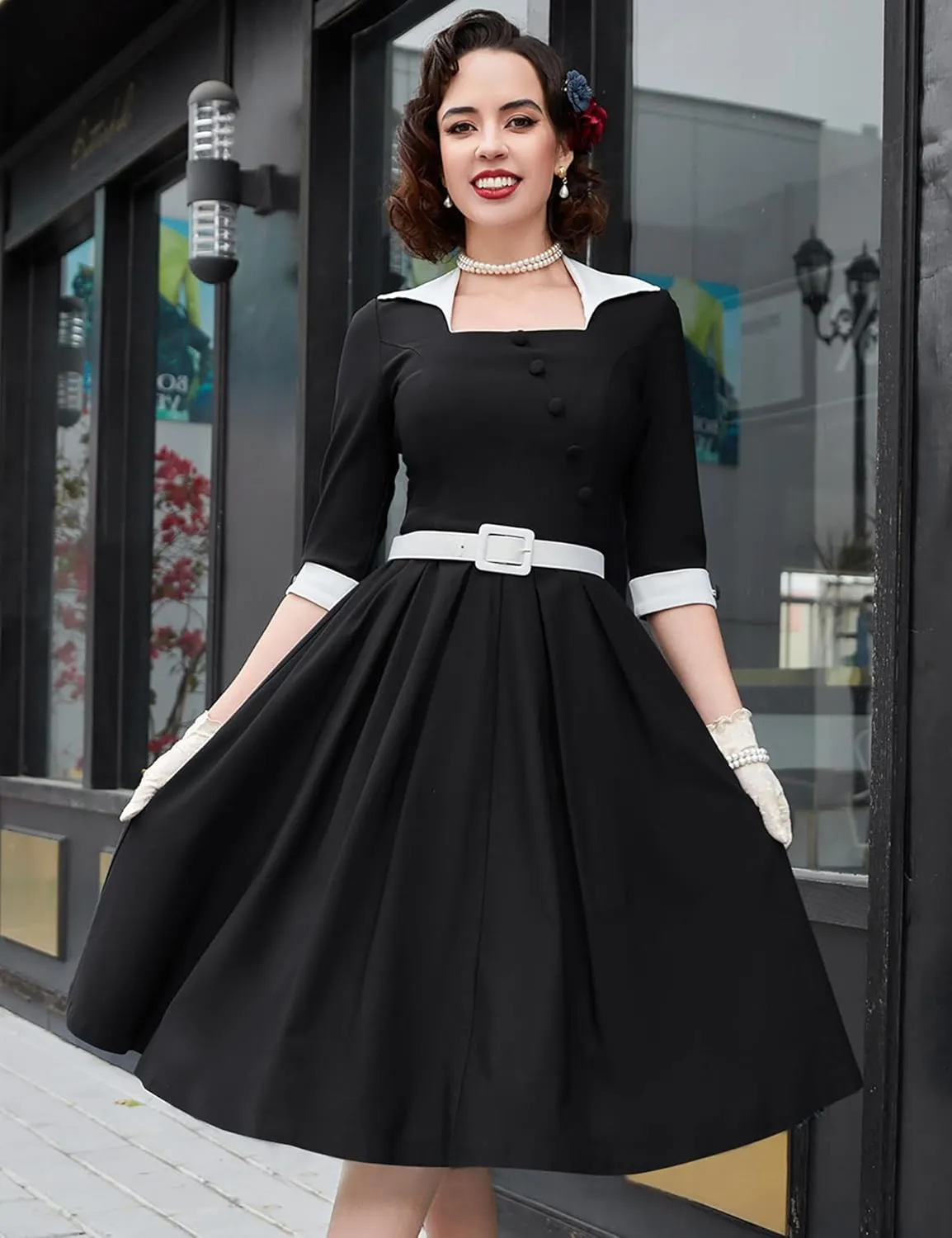 MUXXN Women's 50s Retro Casual Swing Midi Dress 3/4 Sleeve Square A Line Neck Vintage Cocktail Wedding Guest Bodycon Prom