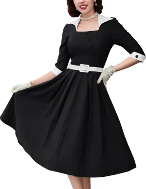 MUXXN Women's 50s Retro Casual Swing Midi Dress 3/4 Sleeve Square A Line Neck Vintage Cocktail Wedding Guest Bodycon Prom