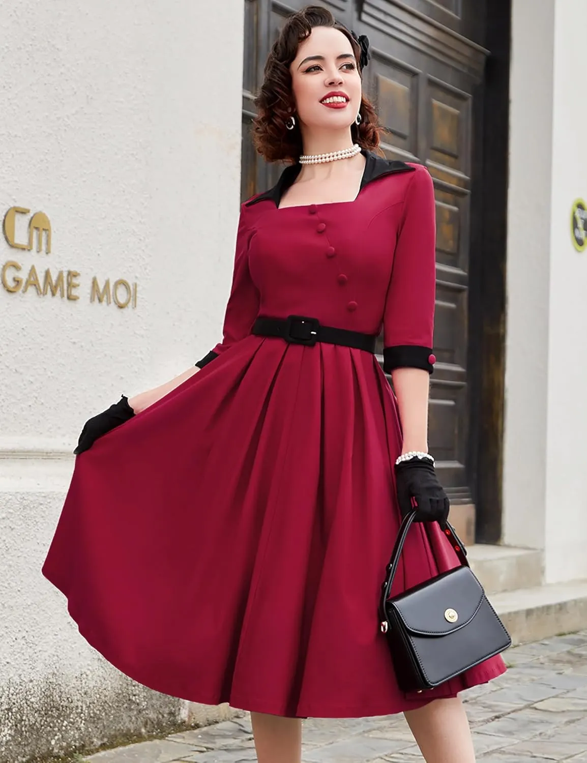 MUXXN Women's 50s Retro Casual Swing Midi Dress 3/4 Sleeve Square A Line Neck Vintage Cocktail Wedding Guest Bodycon Prom