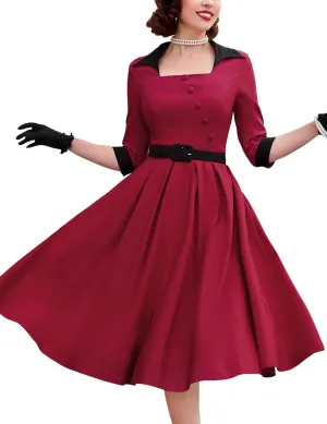 MUXXN Women's 50s Retro Casual Swing Midi Dress 3/4 Sleeve Square A Line Neck Vintage Cocktail Wedding Guest Bodycon Prom
