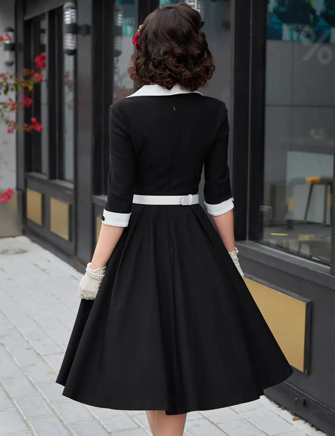 MUXXN Women's 50s Retro Casual Swing Midi Dress 3/4 Sleeve Square A Line Neck Vintage Cocktail Wedding Guest Bodycon Prom