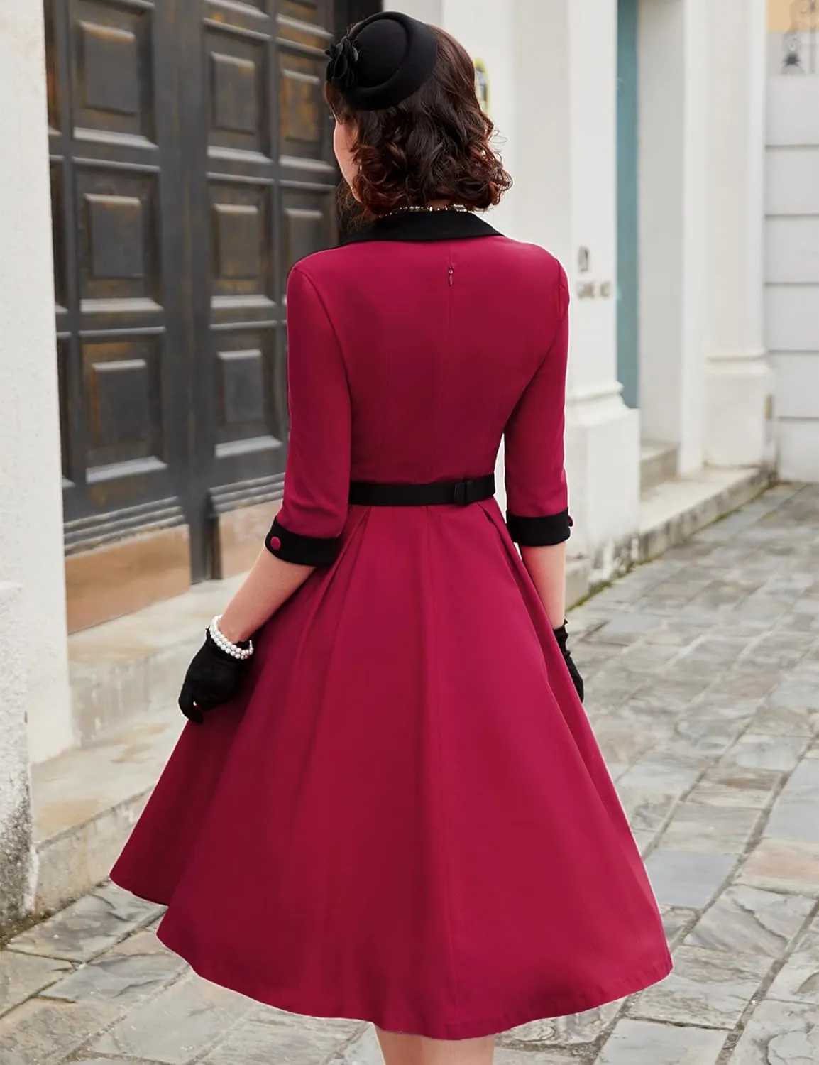 MUXXN Women's 50s Retro Casual Swing Midi Dress 3/4 Sleeve Square A Line Neck Vintage Cocktail Wedding Guest Bodycon Prom