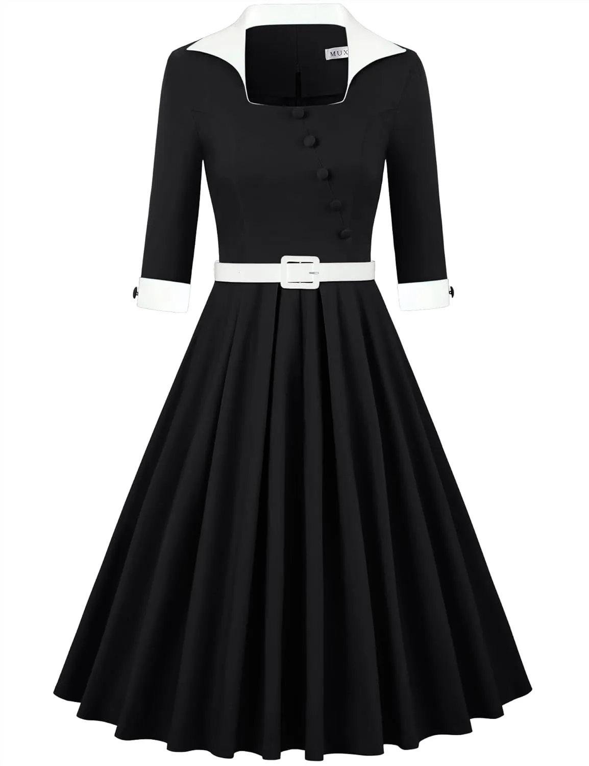 MUXXN Women's 50s Retro Casual Swing Midi Dress 3/4 Sleeve Square A Line Neck Vintage Cocktail Wedding Guest Bodycon Prom