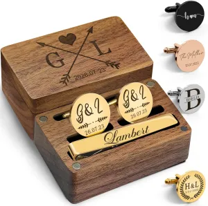 Personalized Cufflinks for Men Initials Custom Cuff Links Tie Clip Set with Engraved Wood Box Customized Wedding Logo Cufflinks for Son Dad Groom Best Man Groomsmen Gifts Set