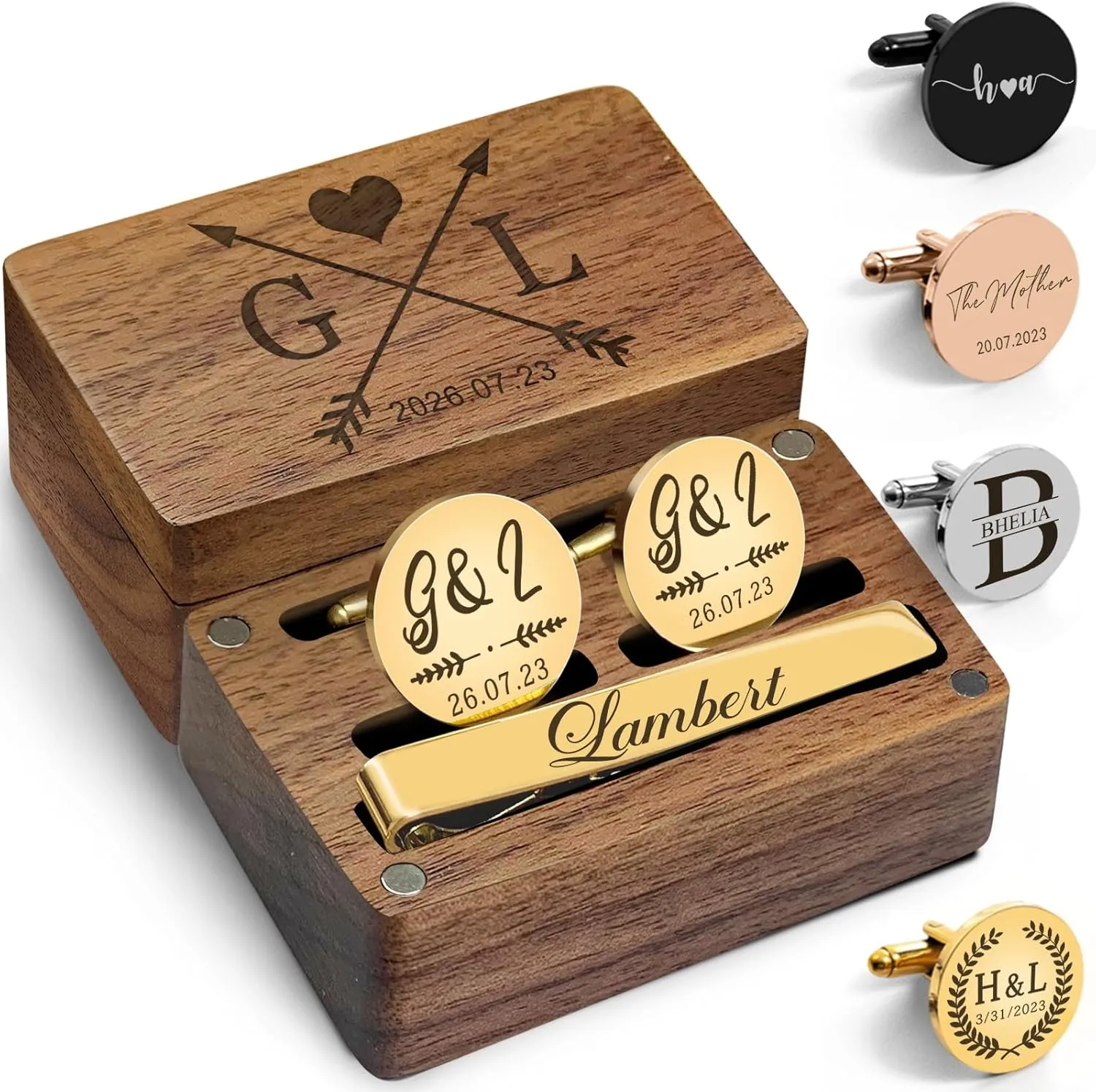 Personalized Cufflinks for Men Initials Custom Cuff Links Tie Clip Set with Engraved Wood Box Customized Wedding Logo Cufflinks for Son Dad Groom Best Man Groomsmen Gifts Set