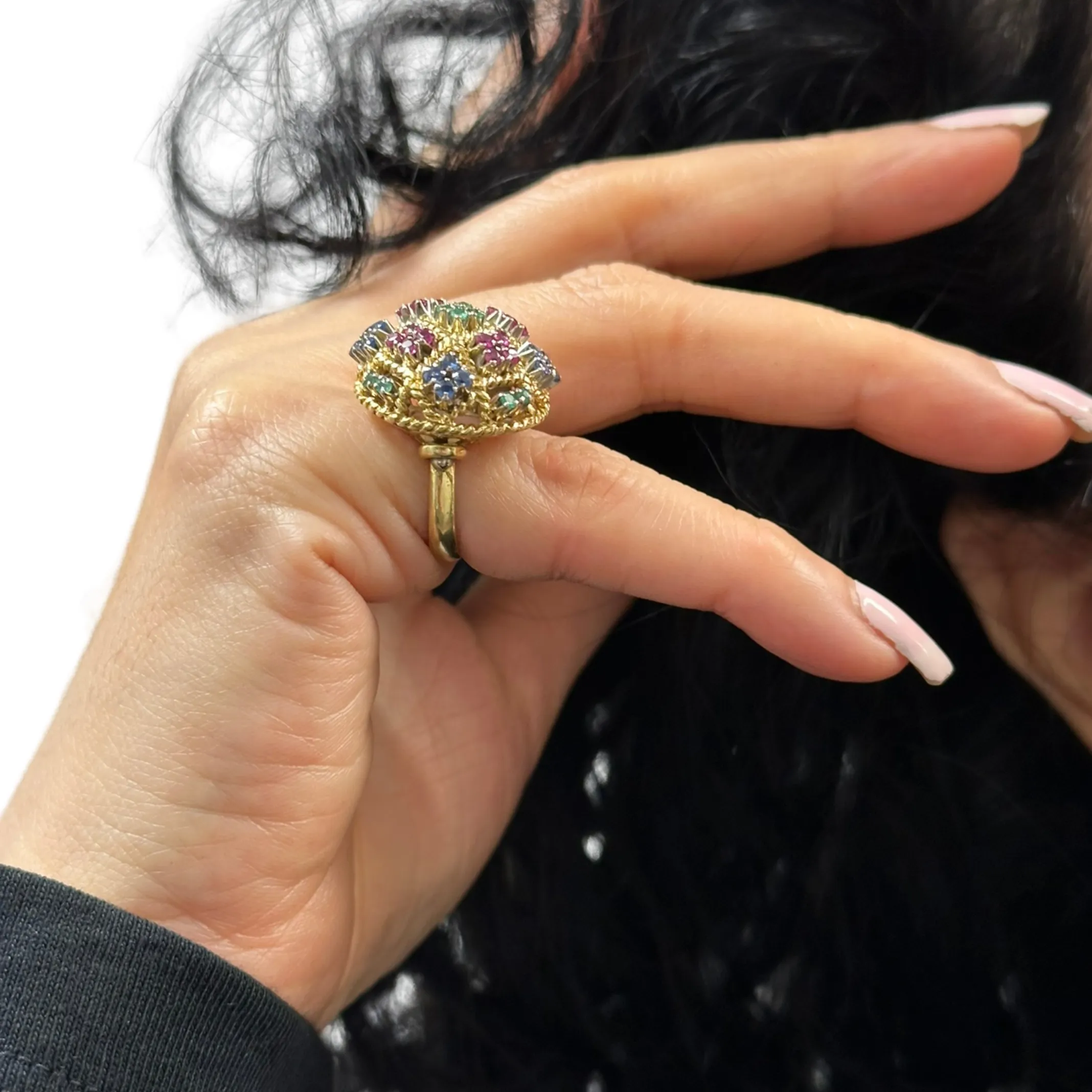 Retro Ruby, Emerald, and Sapphire 18k Gold Cocktail Ring 'Italy'