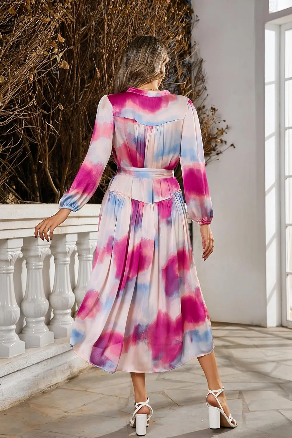 R.Vivimos Womens Long Sleeve Tie Dye Henley V Neck Button Up Loose Flowy Midi Dress with Belt