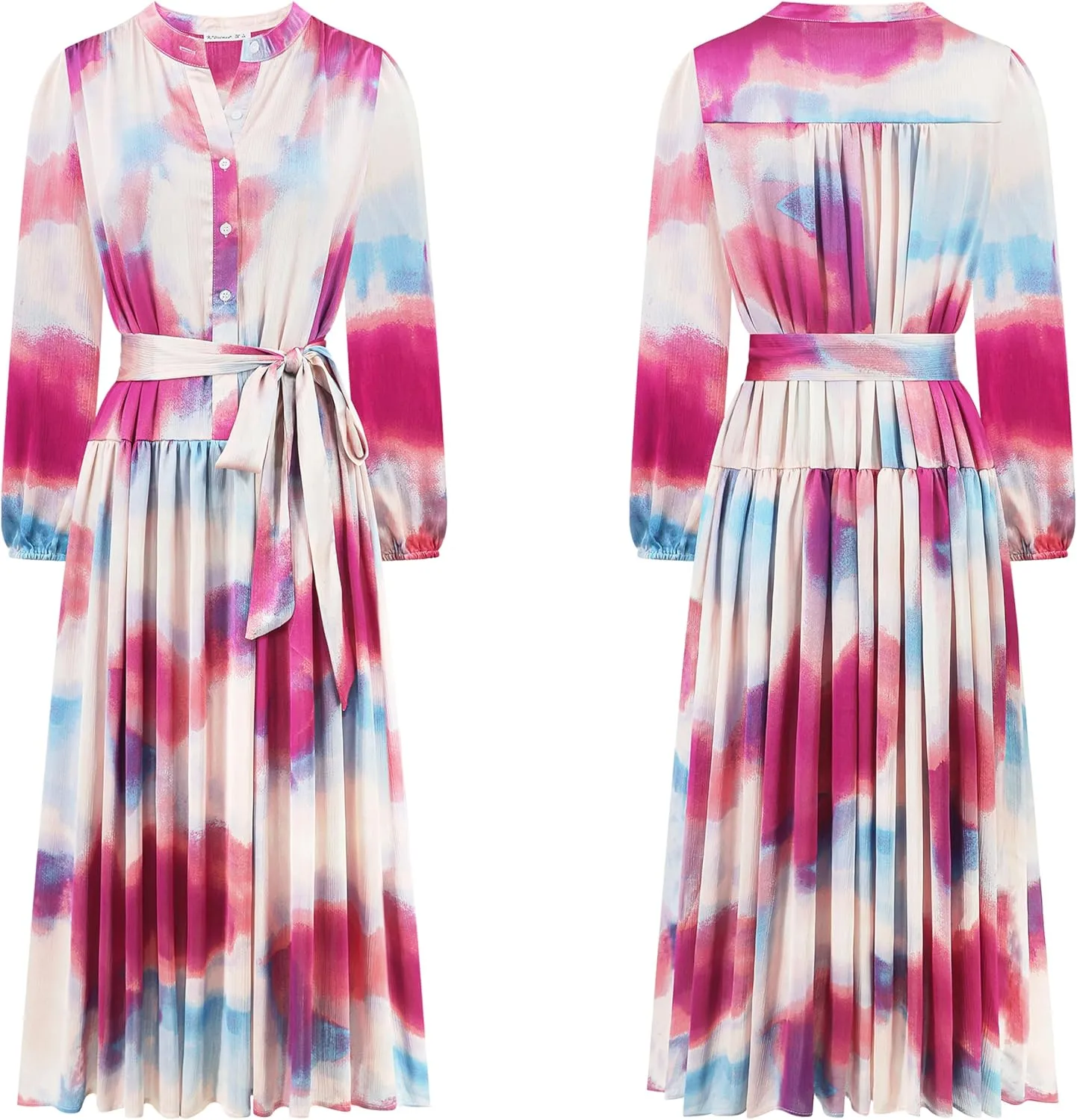 R.Vivimos Womens Long Sleeve Tie Dye Henley V Neck Button Up Loose Flowy Midi Dress with Belt
