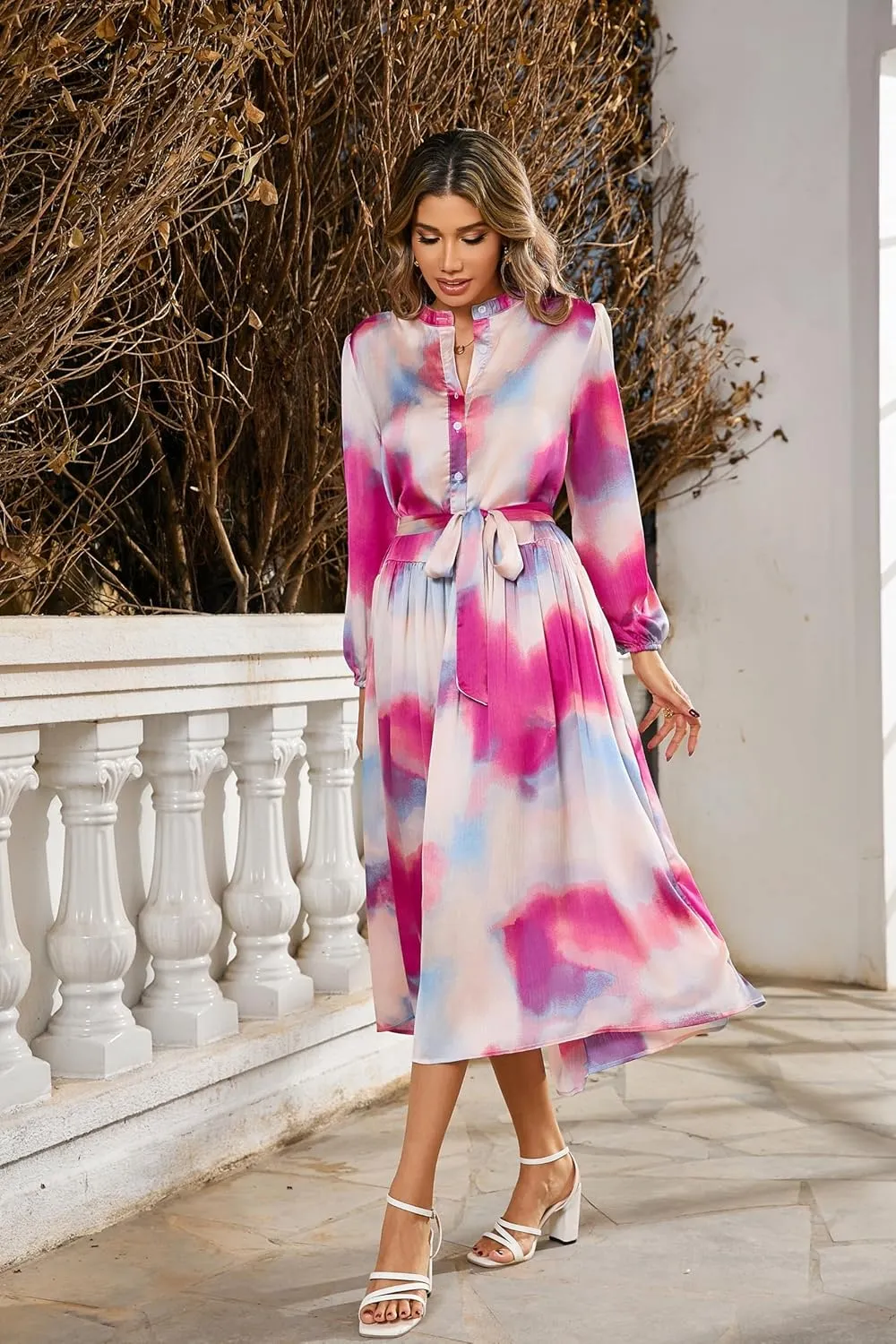 R.Vivimos Womens Long Sleeve Tie Dye Henley V Neck Button Up Loose Flowy Midi Dress with Belt