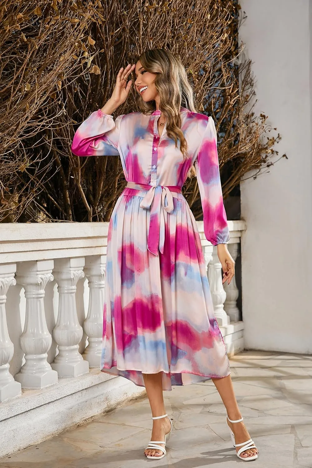R.Vivimos Womens Long Sleeve Tie Dye Henley V Neck Button Up Loose Flowy Midi Dress with Belt
