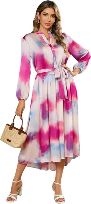 R.Vivimos Womens Long Sleeve Tie Dye Henley V Neck Button Up Loose Flowy Midi Dress with Belt