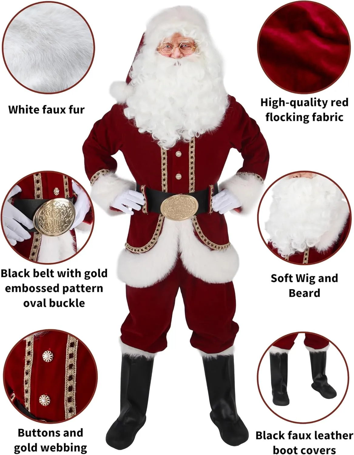 Santa Claus Costume for Men Deluxe Christmas Santa Suit 11pcs Red Adult Professional Xmas Cosplay Party Holiday Outfit