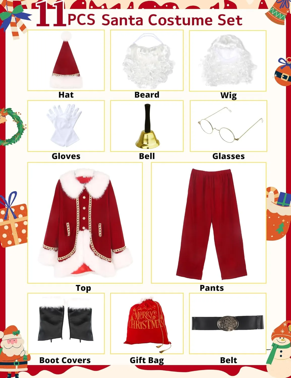 Santa Claus Costume for Men Deluxe Christmas Santa Suit 11pcs Red Adult Professional Xmas Cosplay Party Holiday Outfit