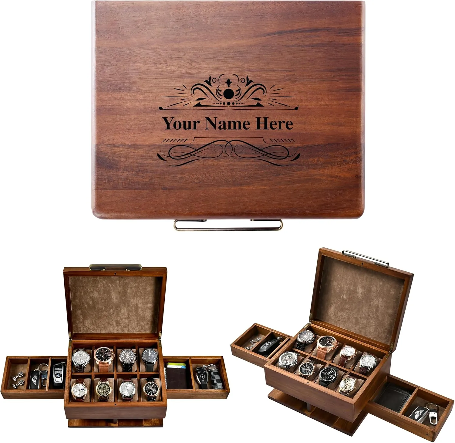 Shanik Luxury Large Watch Box Organizer for Men - 8 Slots with Soft Velvet Pillows - Pull-Out Drawers for Wallet, Cufflinks & Accessories - Men's Jewelry & Watch Case - Premium Gift