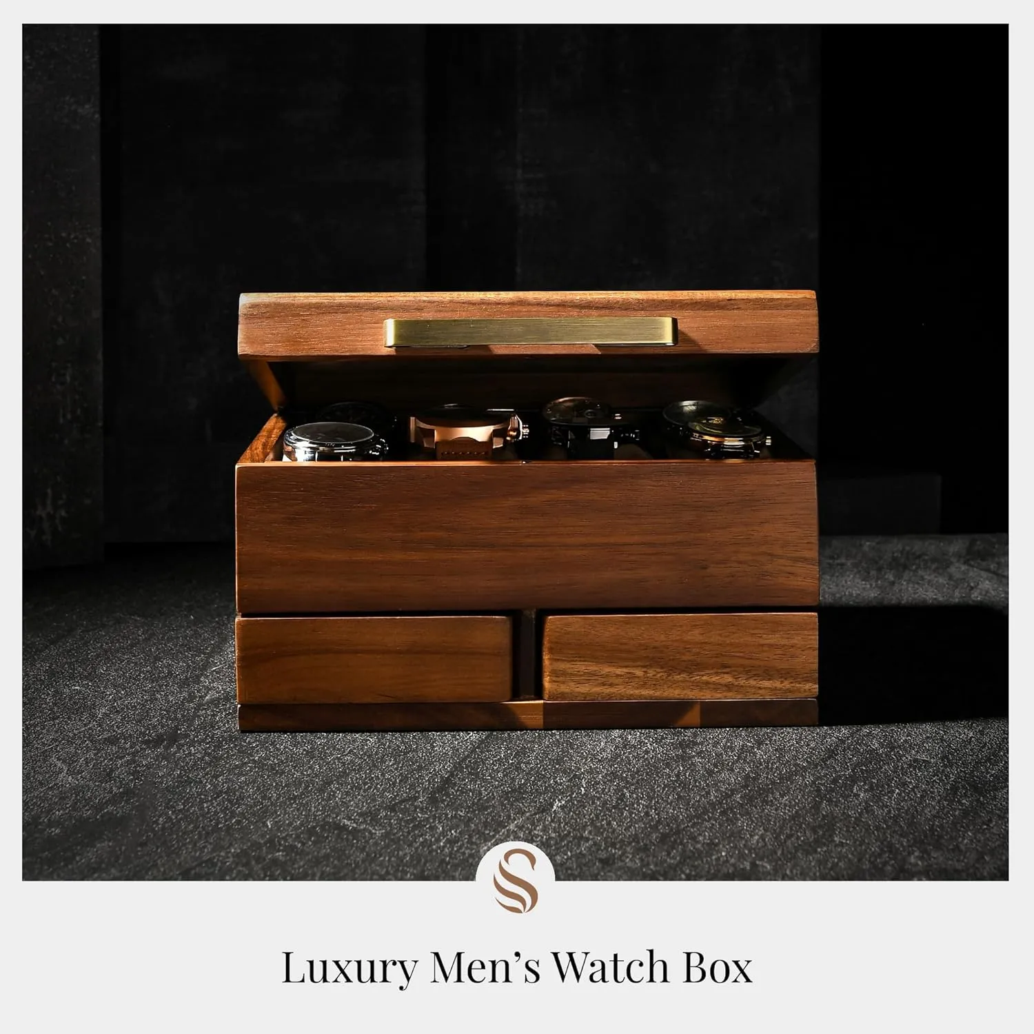 Shanik Luxury Large Watch Box Organizer for Men - 8 Slots with Soft Velvet Pillows - Pull-Out Drawers for Wallet, Cufflinks & Accessories - Men's Jewelry & Watch Case - Premium Gift