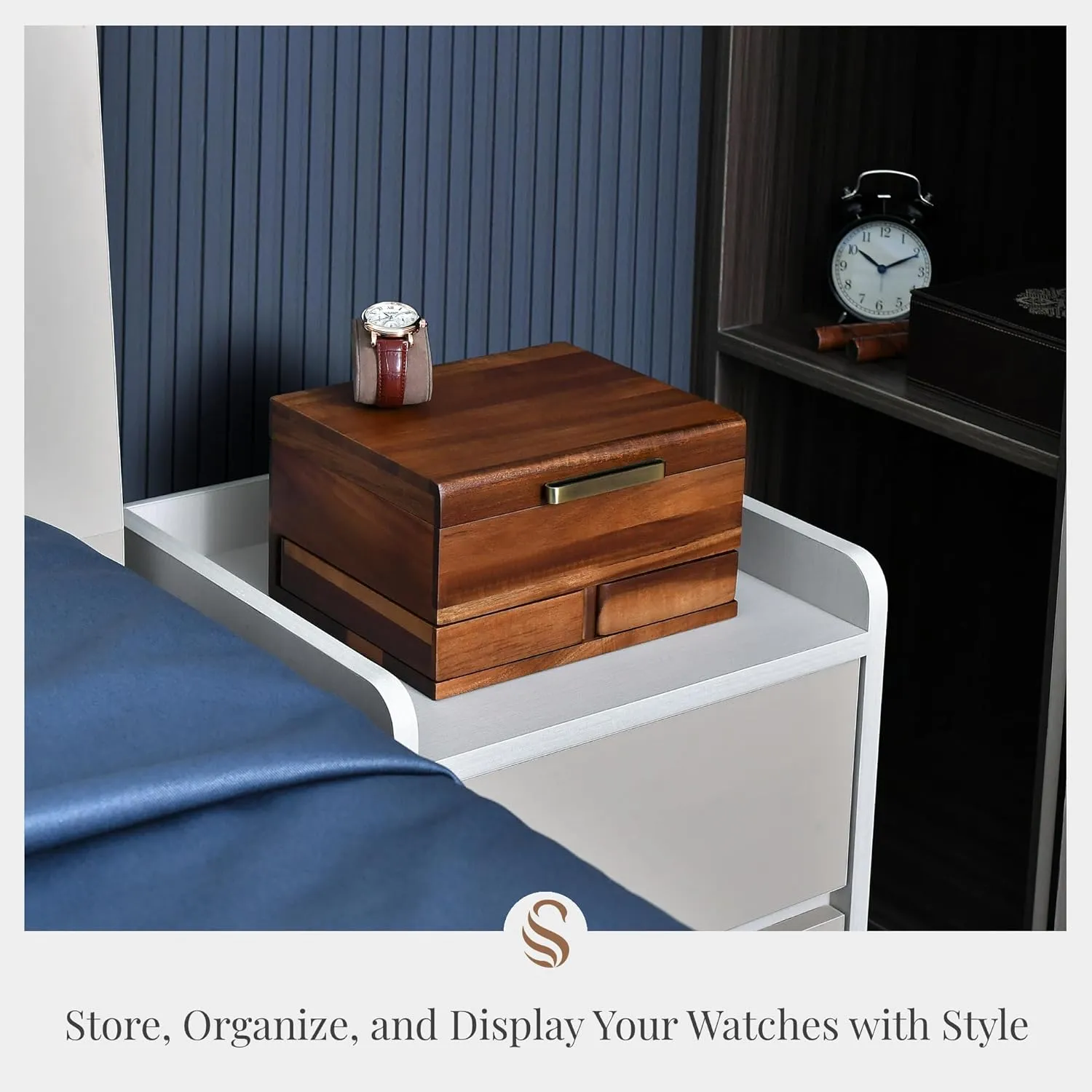 Shanik Luxury Large Watch Box Organizer for Men - 8 Slots with Soft Velvet Pillows - Pull-Out Drawers for Wallet, Cufflinks & Accessories - Men's Jewelry & Watch Case - Premium Gift