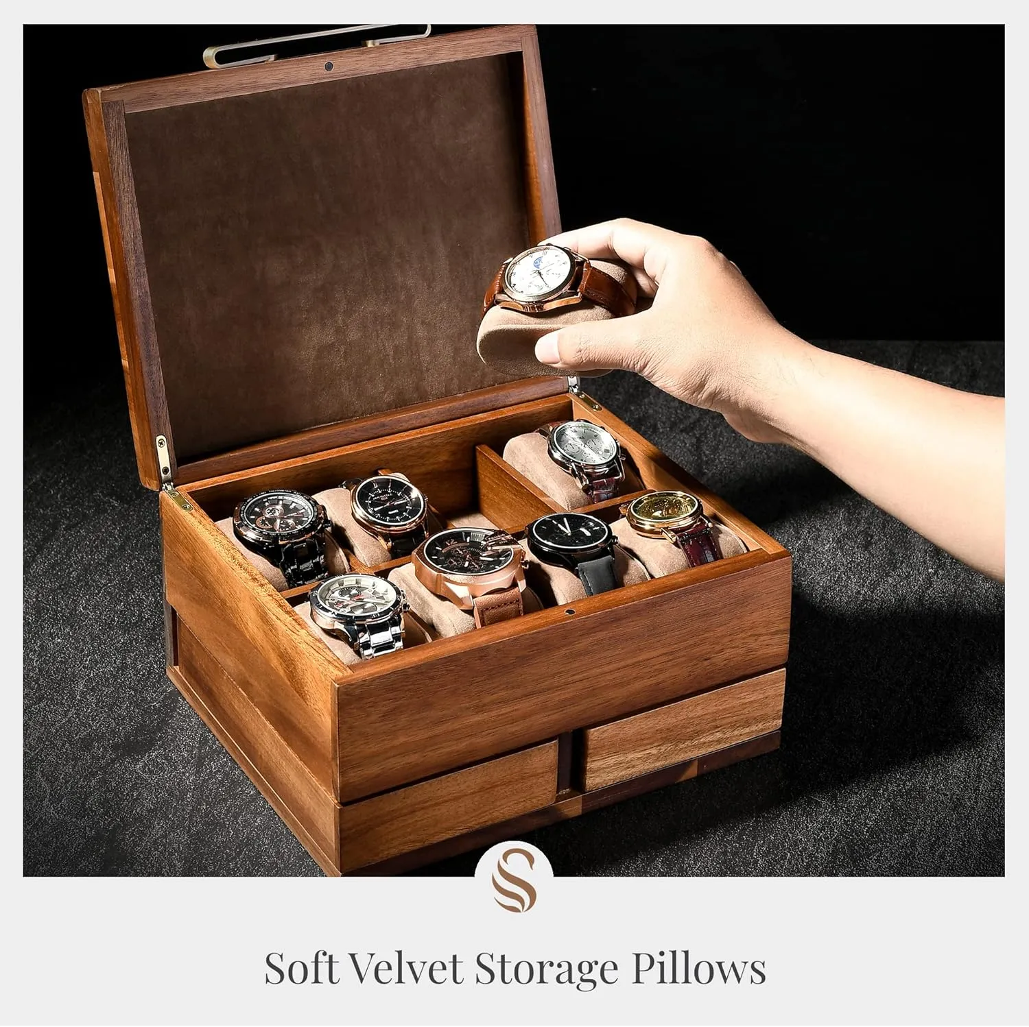 Shanik Luxury Large Watch Box Organizer for Men - 8 Slots with Soft Velvet Pillows - Pull-Out Drawers for Wallet, Cufflinks & Accessories - Men's Jewelry & Watch Case - Premium Gift