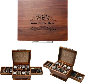 Shanik Luxury Large Watch Box Organizer for Men - 8 Slots with Soft Velvet Pillows - Pull-Out Drawers for Wallet, Cufflinks & Accessories - Men's Jewelry & Watch Case - Premium Gift