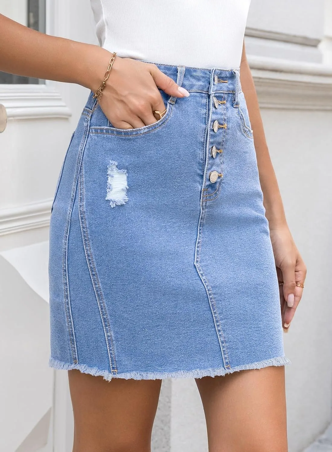 Sidefeel Women's Jean Skirt Stretchy Ripped Frayed Button Fly Summer Denim Skirt