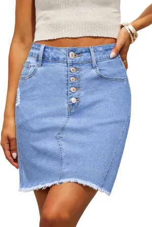 Sidefeel Women's Jean Skirt Stretchy Ripped Frayed Button Fly Summer Denim Skirt