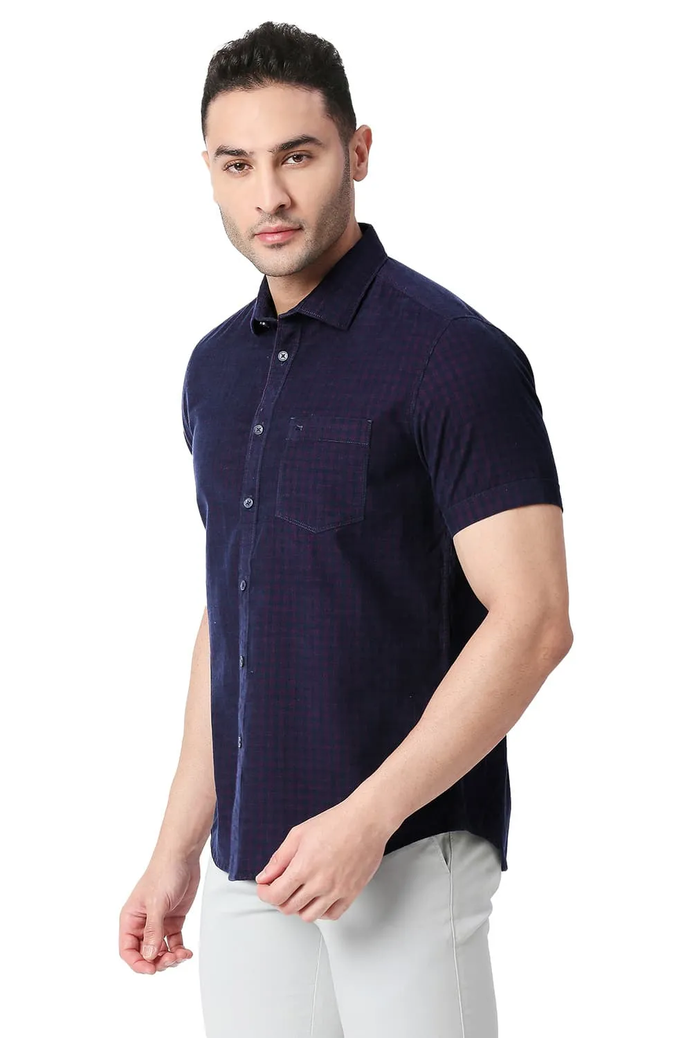 Slim Fit Cotton Corduory Checks Halfsleeves Shirt
