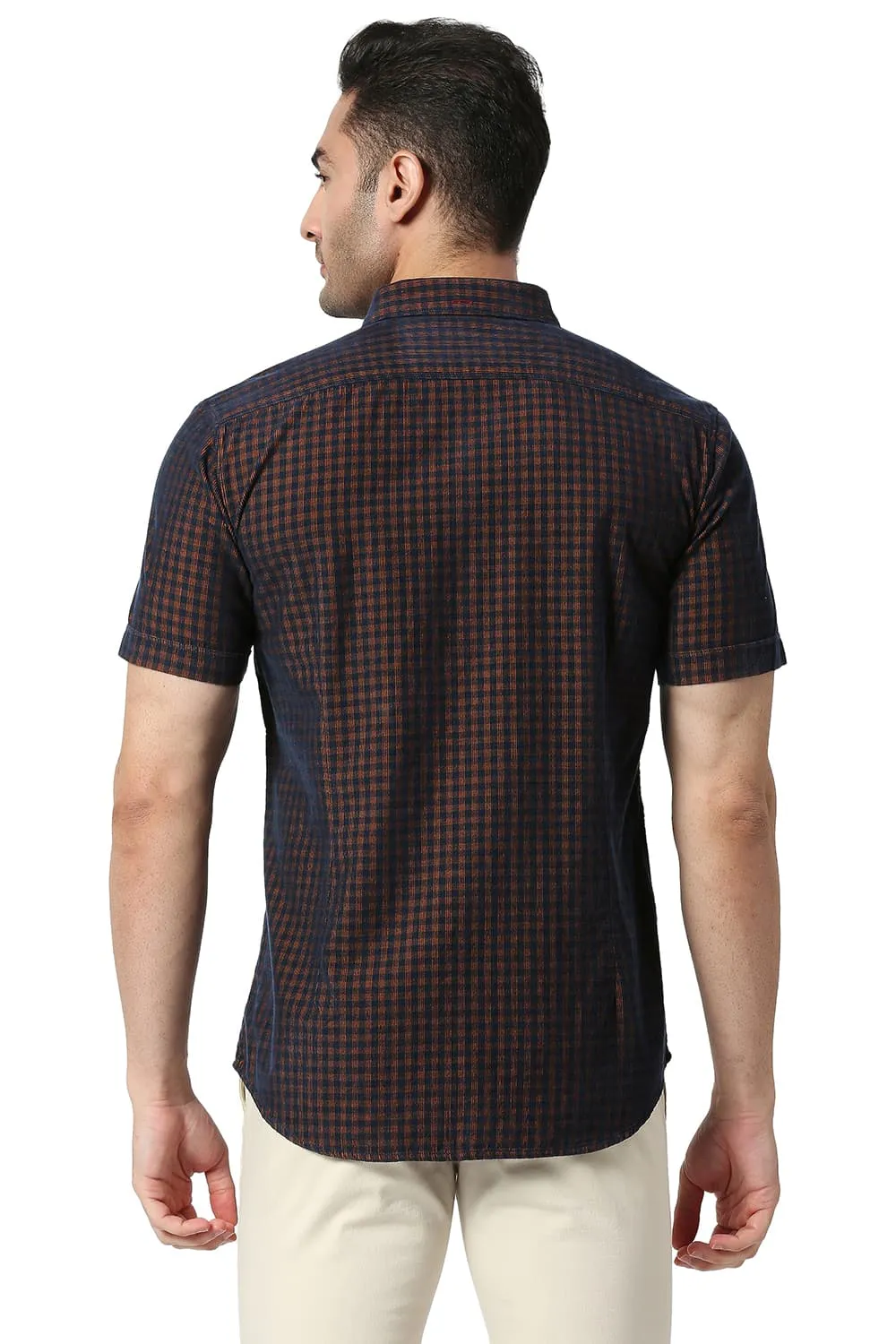 Slim Fit Cotton Corduory Checks Halfsleeves Shirt