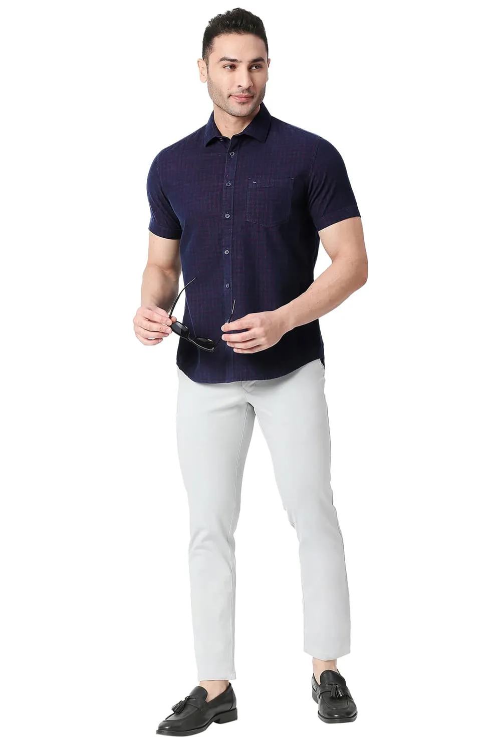 Slim Fit Cotton Corduory Checks Halfsleeves Shirt