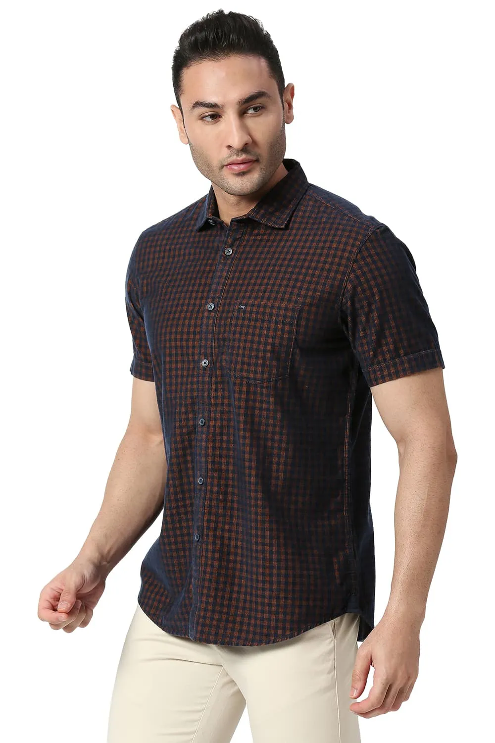 Slim Fit Cotton Corduory Checks Halfsleeves Shirt