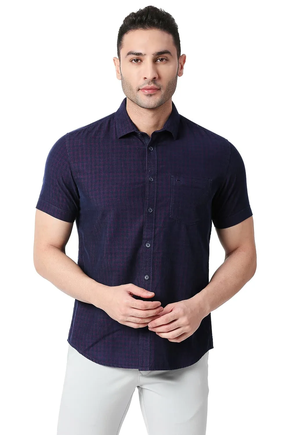 Slim Fit Cotton Corduory Checks Halfsleeves Shirt