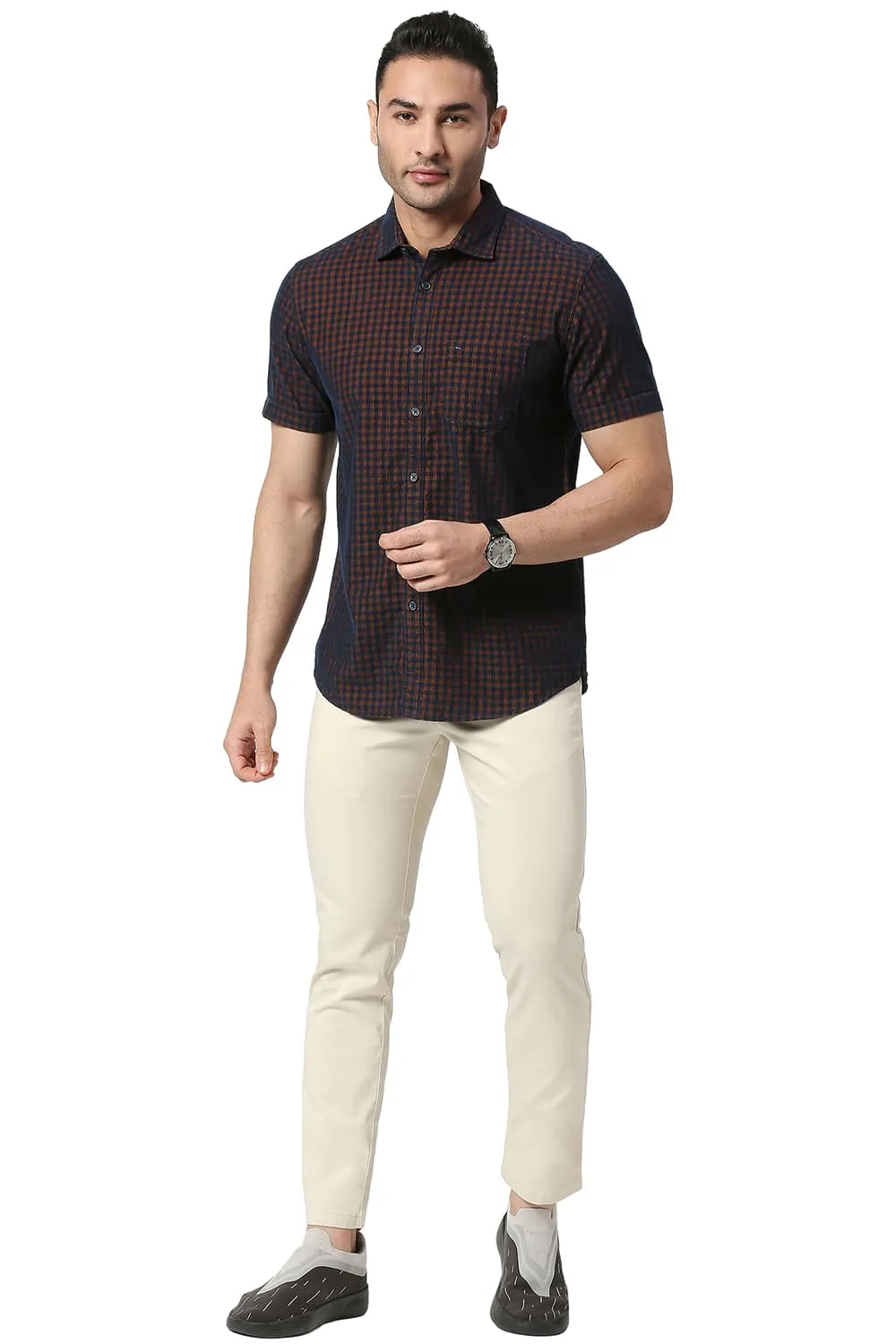 Slim Fit Cotton Corduory Checks Halfsleeves Shirt