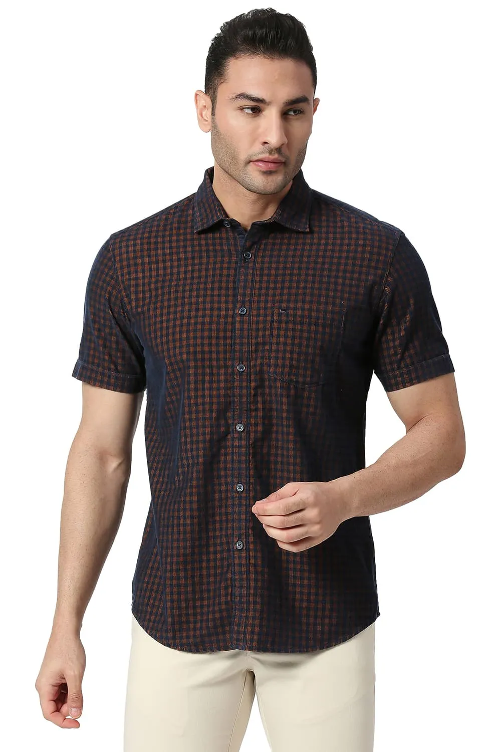 Slim Fit Cotton Corduory Checks Halfsleeves Shirt