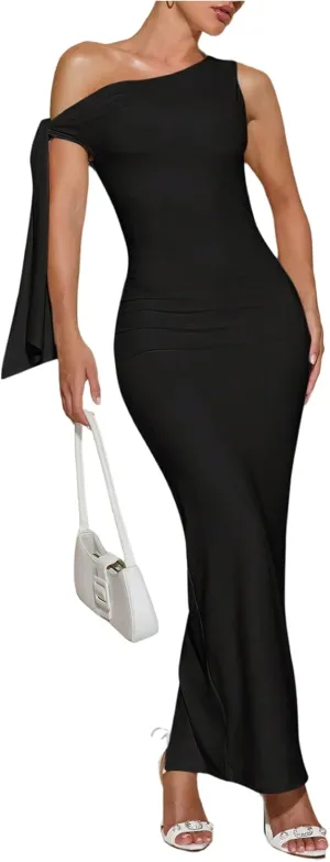 SOLY HUX Women's Off The Shoudler Bodycon Maxi Dress Asymmetrical Neck Bow Tie Cocktail Party Long Dresses