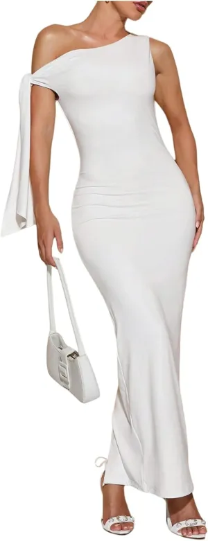 SOLY HUX Women's Off The Shoudler Bodycon Maxi Dress Asymmetrical Neck Bow Tie Cocktail Party Long Dresses