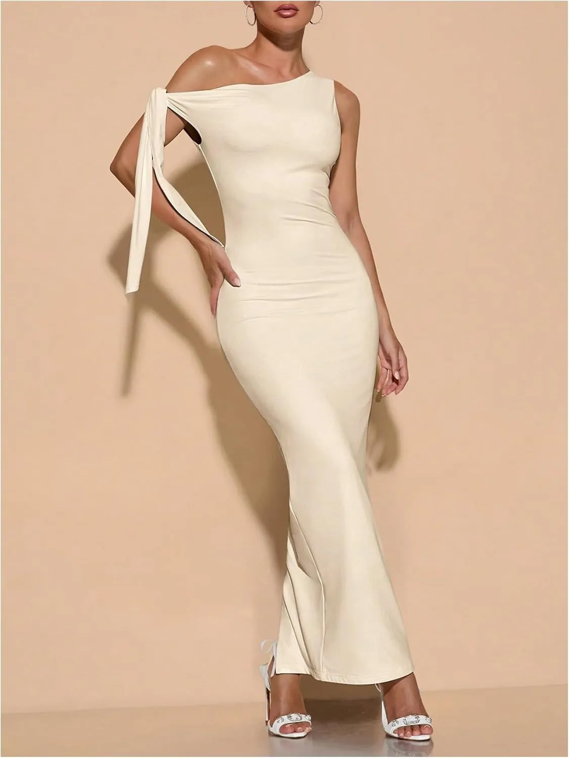 SOLY HUX Women's Off The Shoudler Bodycon Maxi Dress Asymmetrical Neck Bow Tie Cocktail Party Long Dresses