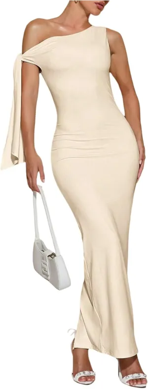 SOLY HUX Women's Off The Shoudler Bodycon Maxi Dress Asymmetrical Neck Bow Tie Cocktail Party Long Dresses