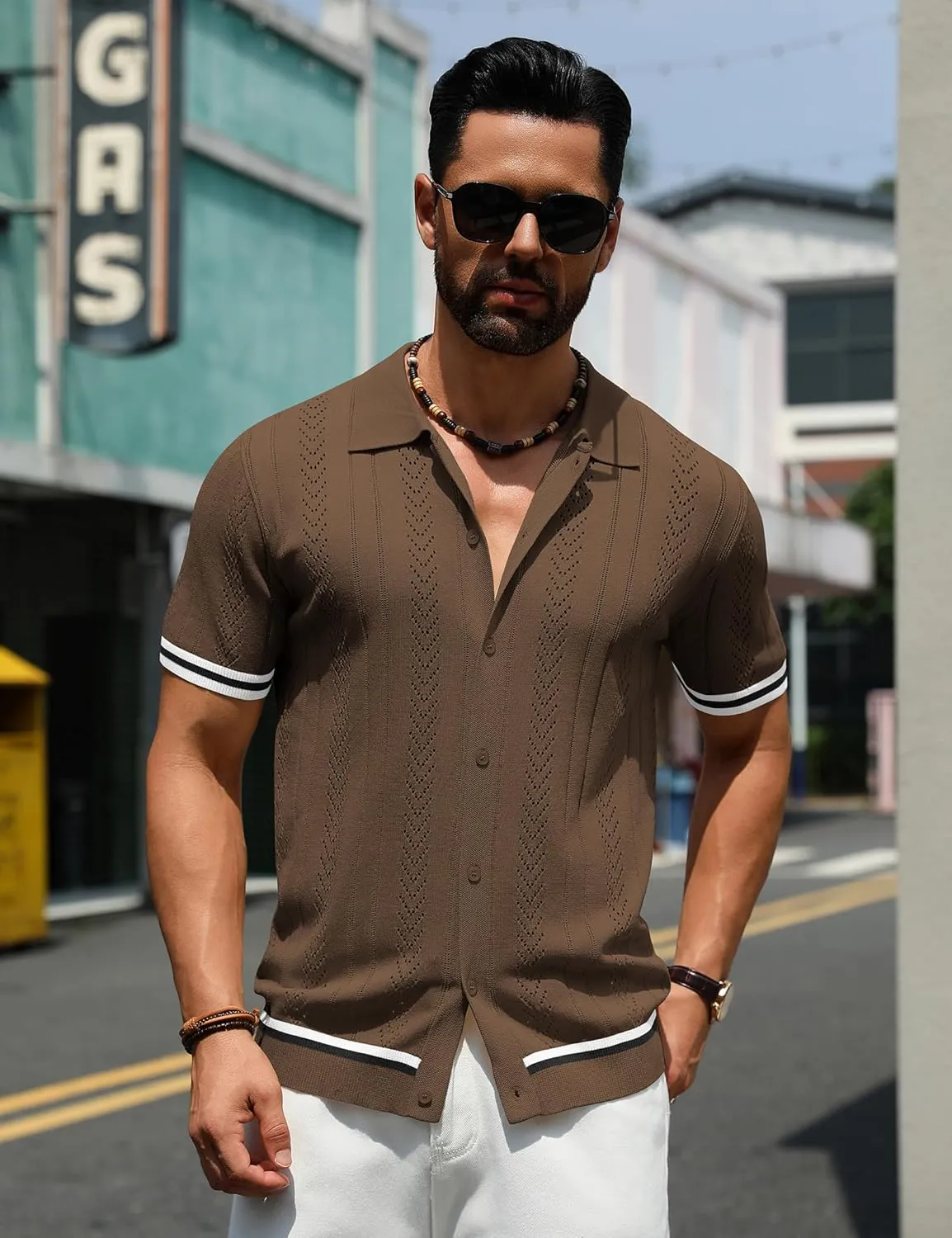 URRU Men's Knit Button Down Polo Shirt Short Sleeve Vintage Casual Summer Beach Tops