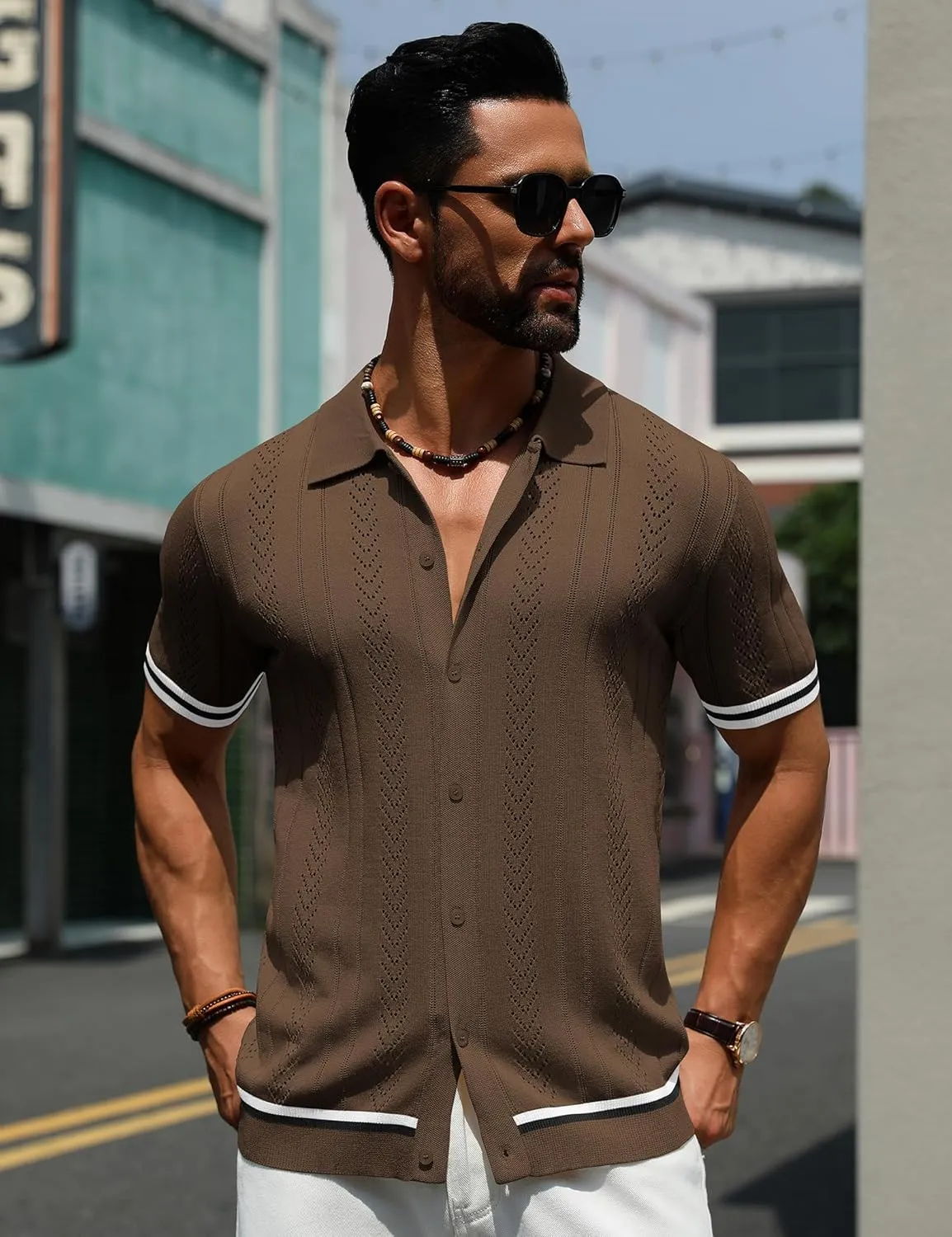 URRU Men's Knit Button Down Polo Shirt Short Sleeve Vintage Casual Summer Beach Tops