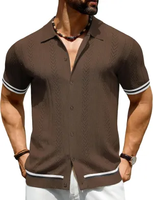 URRU Men's Knit Button Down Polo Shirt Short Sleeve Vintage Casual Summer Beach Tops
