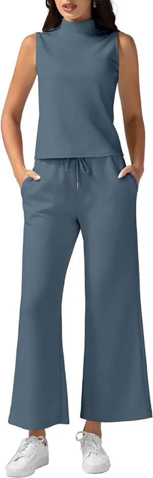VECVOC Women's Summer 2 Piece Outfits Mock Neck Tank Top Cropped Wide Leg Pants Lounge Sets Tracksuit With Pocket