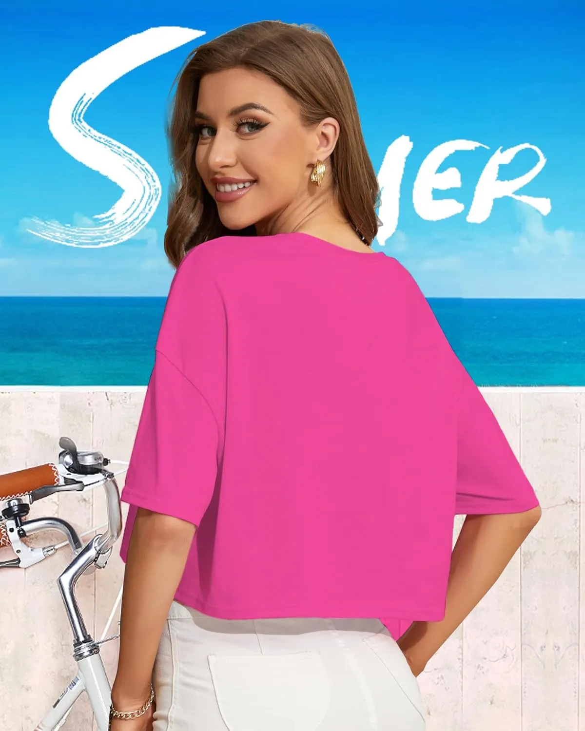 Women Cropped Tees Loose Fit Half Drop Shoulder Short Sleeve Tops Round Neck Basic Casual Shirts for Summer 2025