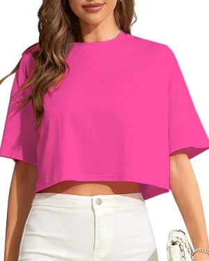 Women Cropped Tees Loose Fit Half Drop Shoulder Short Sleeve Tops Round Neck Basic Casual Shirts for Summer 2025