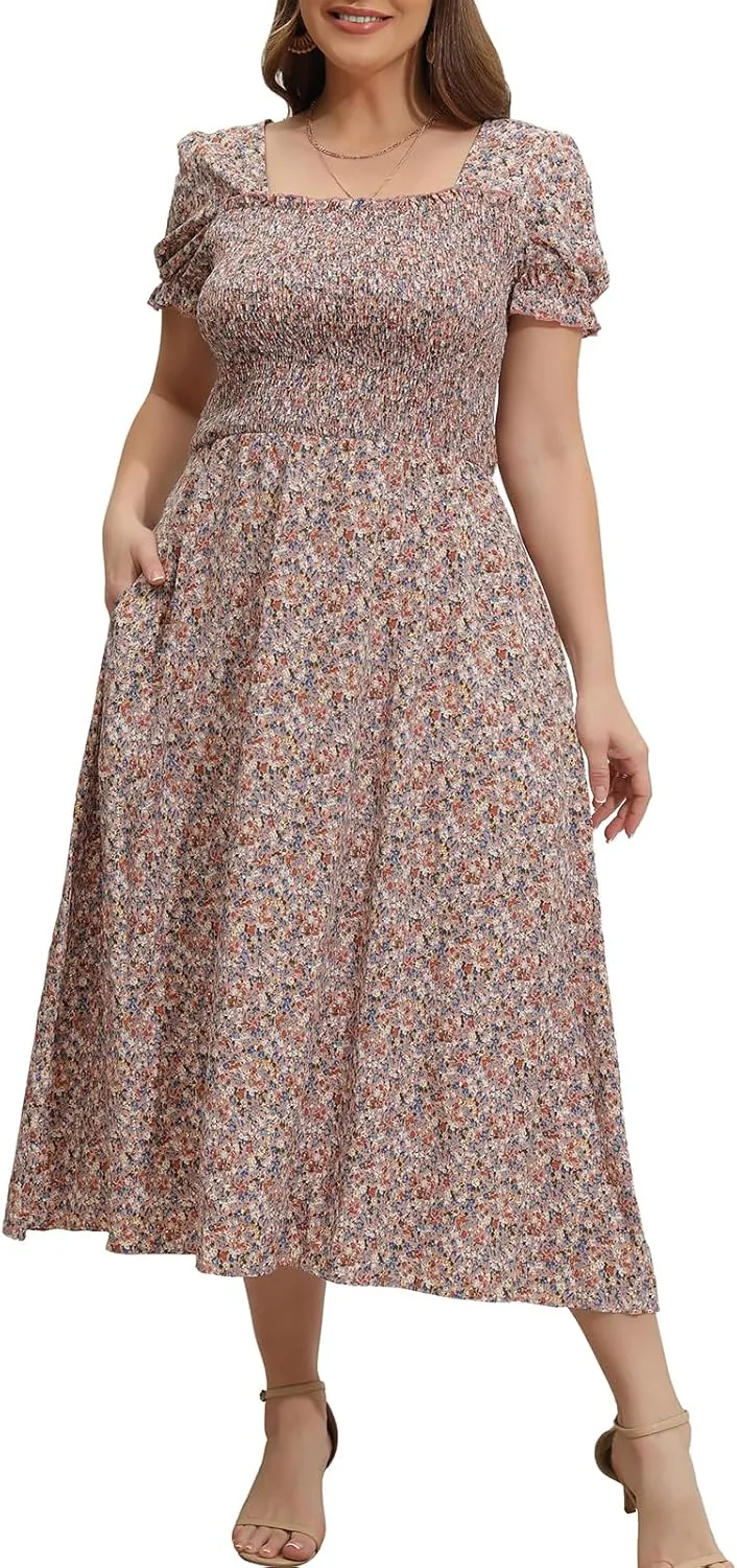 Women's 2025 Summer Casual Dress Plus Size Smocked Midi Calf Length Puff Sleeve Floral Dresses with Pockets