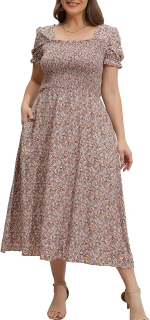 Women's 2025 Summer Casual Dress Plus Size Smocked Midi Calf Length Puff Sleeve Floral Dresses with Pockets