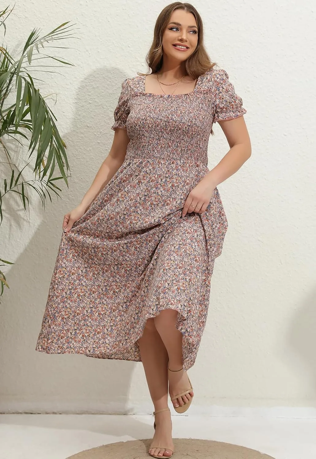 Women's 2025 Summer Casual Dress Plus Size Smocked Midi Calf Length Puff Sleeve Floral Dresses with Pockets