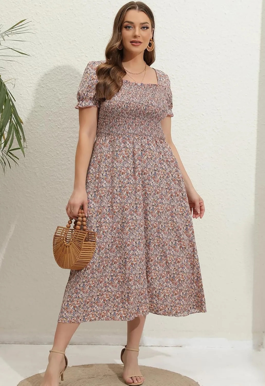 Women's 2025 Summer Casual Dress Plus Size Smocked Midi Calf Length Puff Sleeve Floral Dresses with Pockets