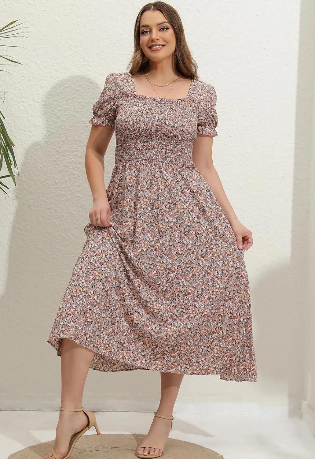 Women's 2025 Summer Casual Dress Plus Size Smocked Midi Calf Length Puff Sleeve Floral Dresses with Pockets