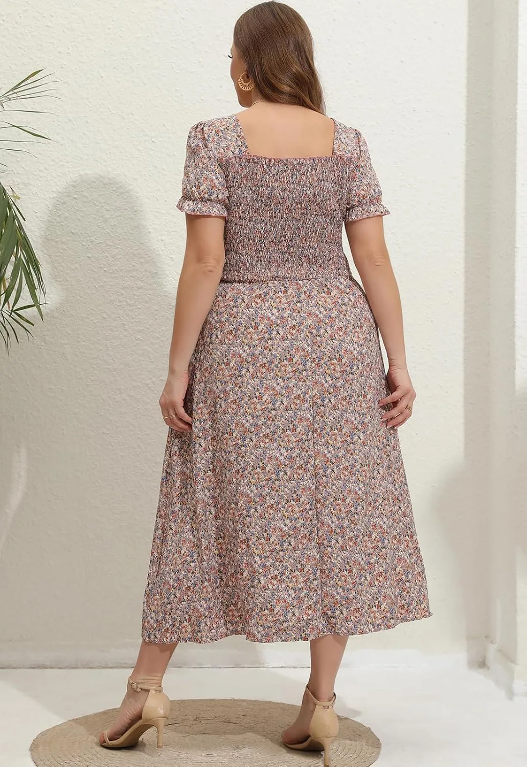 Women's 2025 Summer Casual Dress Plus Size Smocked Midi Calf Length Puff Sleeve Floral Dresses with Pockets